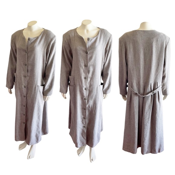 Ann Everett Herringbone Gray Wool Long Custom Pea Coat Button Down - Picture 2 of 16